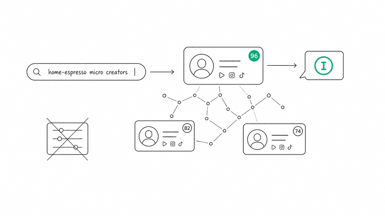 AI influencer discovery: a plain-English search query above a grid of creator cards, each showing a match-score badge, with a subtle green neural-network accent motif.