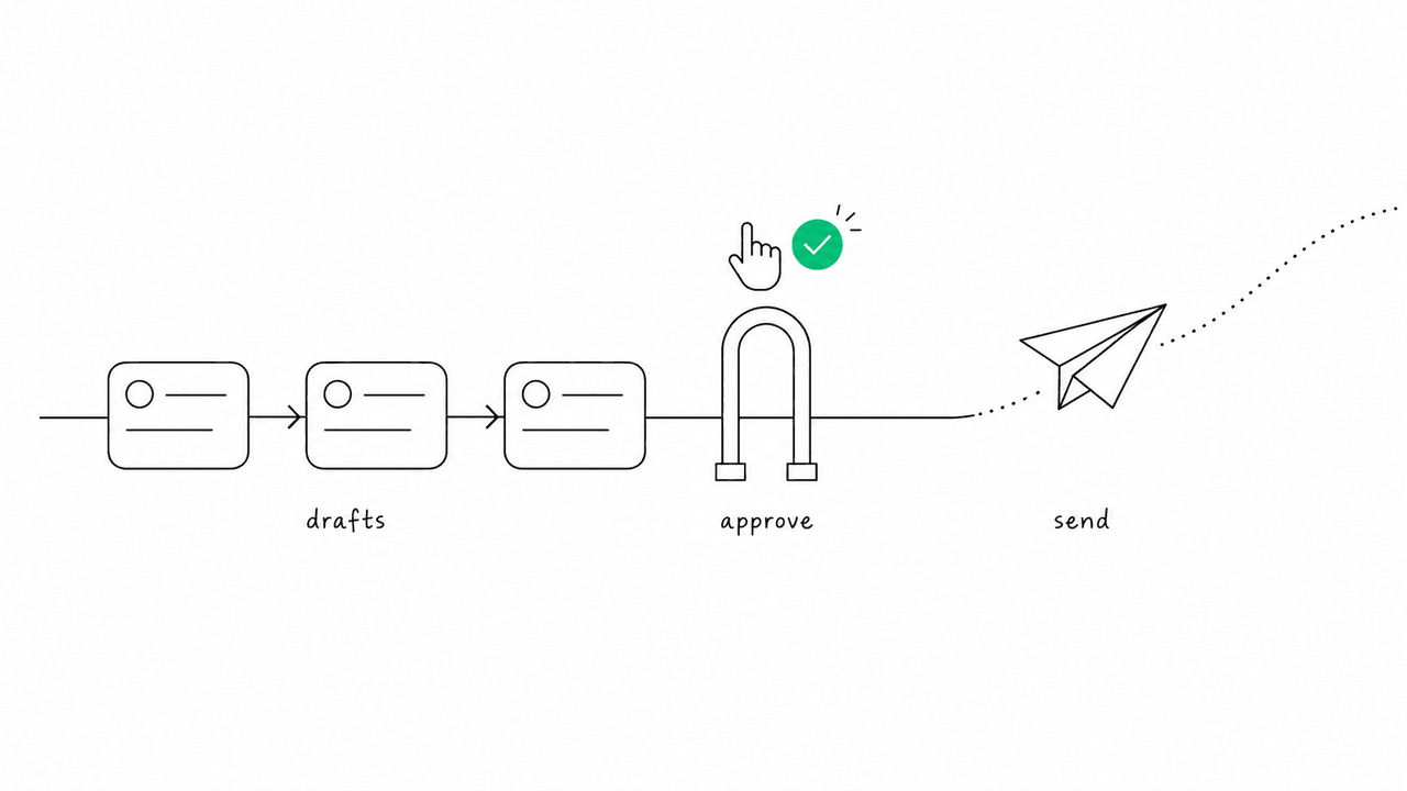 Flat editorial illustration of an automation flow that pauses at a human approval gate: a stream of identical draft-message cards moving along a green track halts at a checkpoint marked by a single hand-cursor or checkmark before continuing on to an outbound send icon.
