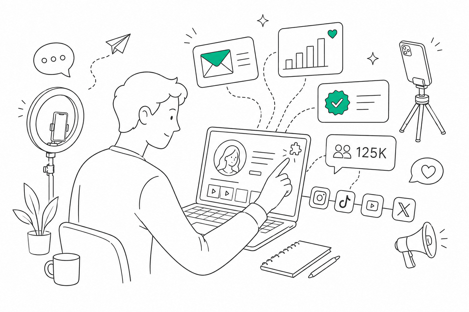 Line illustration of a marketer clicking a Chrome extension icon on a creator profile, with an email, engagement stats, a verified badge, and Instagram, TikTok, YouTube, and X icons floating out.