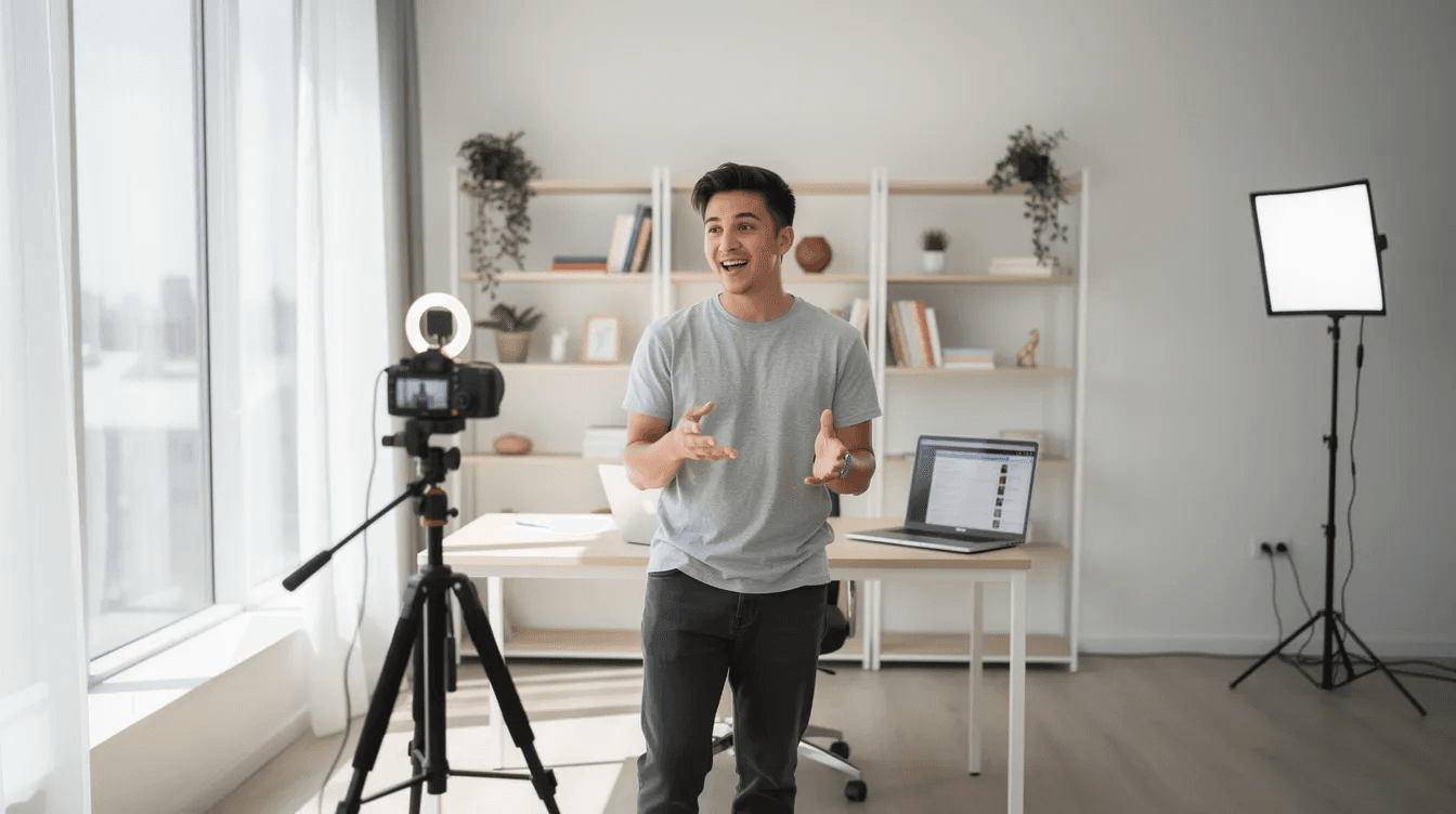 A creator filming social media content in a bright studio with professional lighting, producing sponsored posts for Instagram, TikTok, and YouTube.