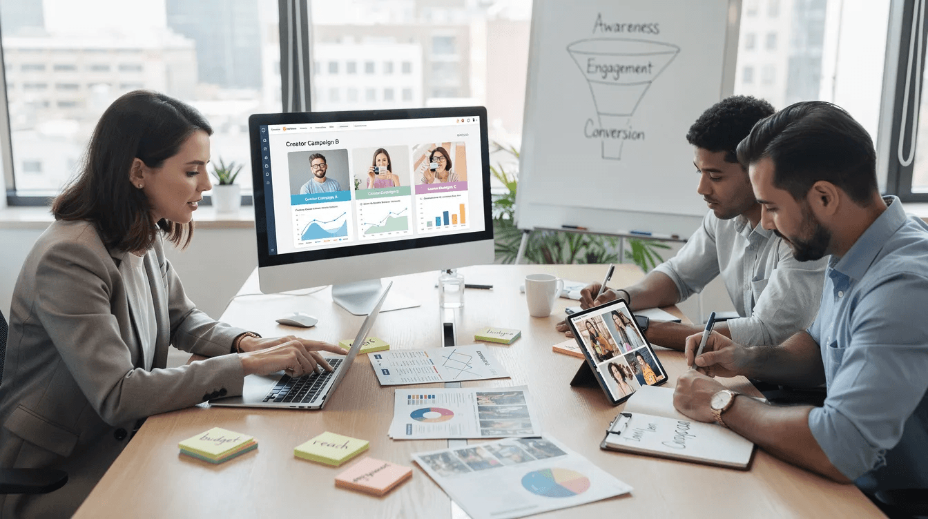 A team discussing influencer campaign options in a modern workspace, reviewing audience demographics and engagement data across Instagram, TikTok, and YouTube.