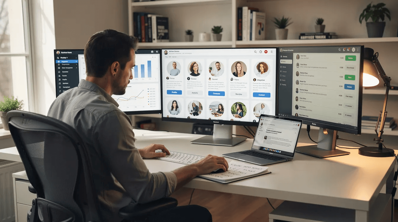 A marketer reviewing creator profiles across multiple screens, comparing audience demographics and engagement to shortlist influencers for a launch.