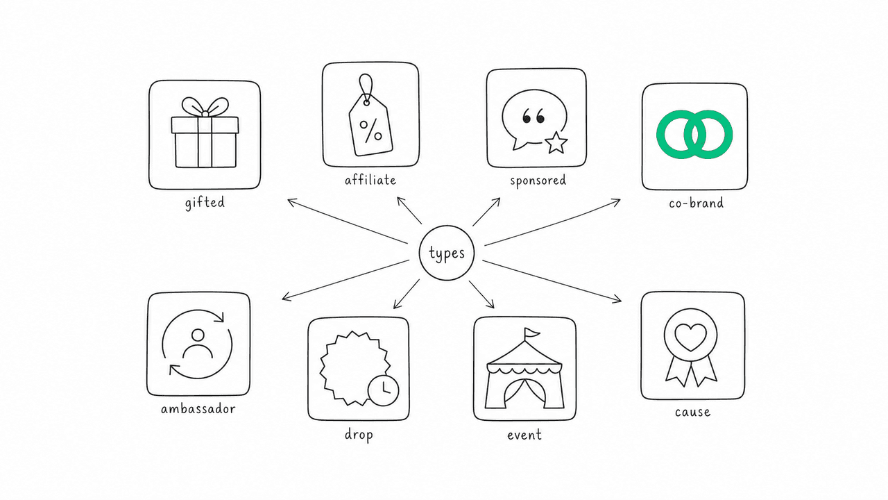 Flat illustration of a tidy grid of distinct collaboration formats, each a small abstract icon-card, arranged like a taxonomy.