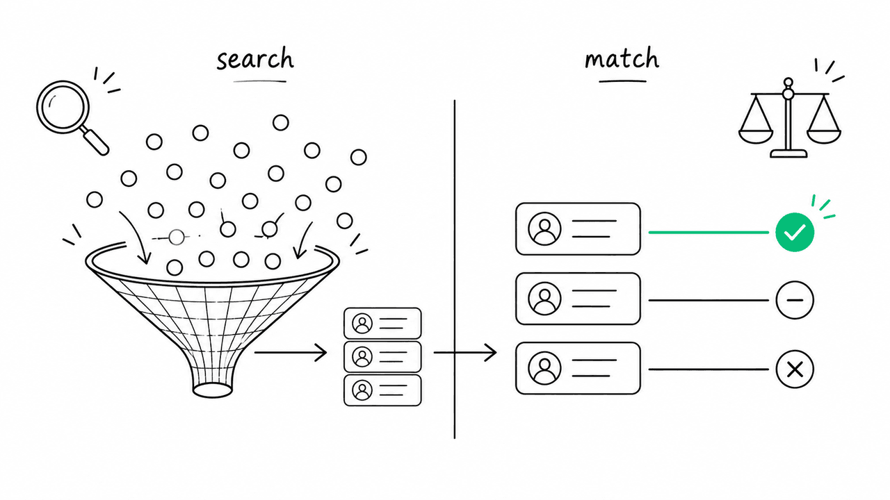 Side-by-side flat illustration contrasting two distinct steps: a wide-net search panel casting a broad ranked candidate pool on the left, and a focused scoring panel on the right judging a small shortlist into good, neutral, and avoid buckets.