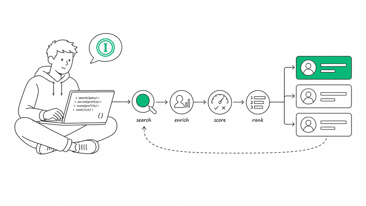 Architecture diagram of an influencer discovery tool showing the flow from a natural-language query through search, enrich, score, and rank, rendered as a clean flat-style flow diagram on a light background.