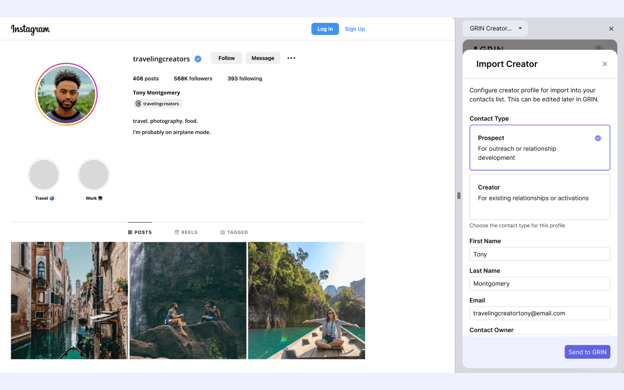 GRIN Creator Discovery Web Extension sidebar open on an Instagram profile, showing an import-creator panel with contact type and creator fields.