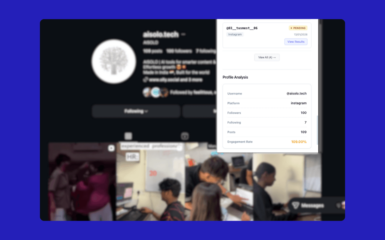 Influencer Analytics by Infloq Chrome extension popup over an Instagram profile, showing a profile-analysis panel with platform, followers, following, posts, and engagement rate.