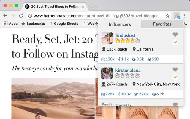 Influencer Engage by influence.co Chrome extension popup on a Harper's Bazaar article, listing detected creators with reach, location, social stats, and contact buttons.