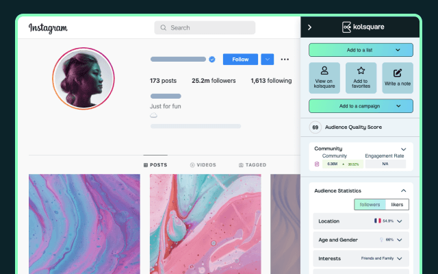 Kolsquare Analytics Sidebar open on an Instagram profile, showing an Audience Quality Score, engagement rate, and audience statistics by location and age.