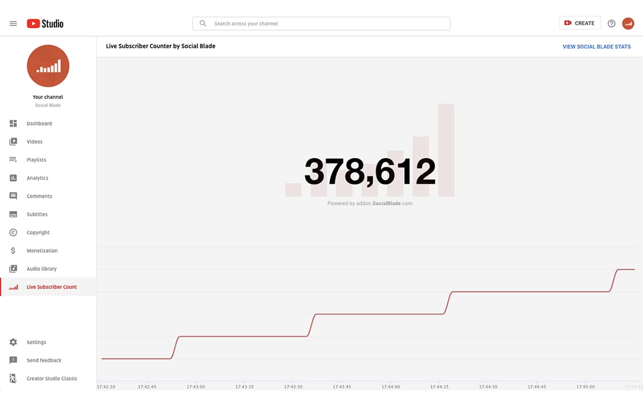 Social Blade Chrome extension showing a live subscriber counter inside YouTube Studio with a subscriber-growth chart.