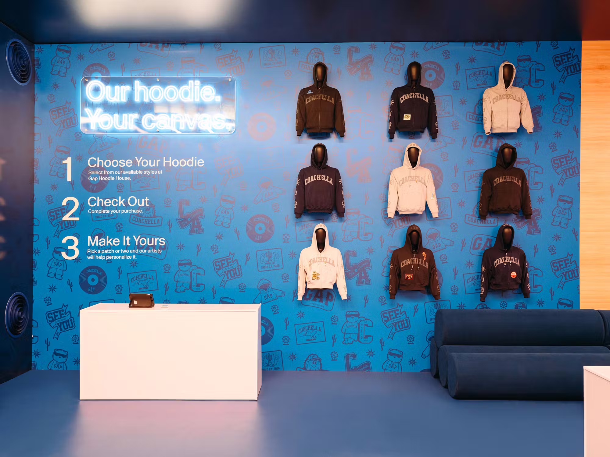 Inside the Gap Hoodie House: the customization counter where attendees added patches and charms.