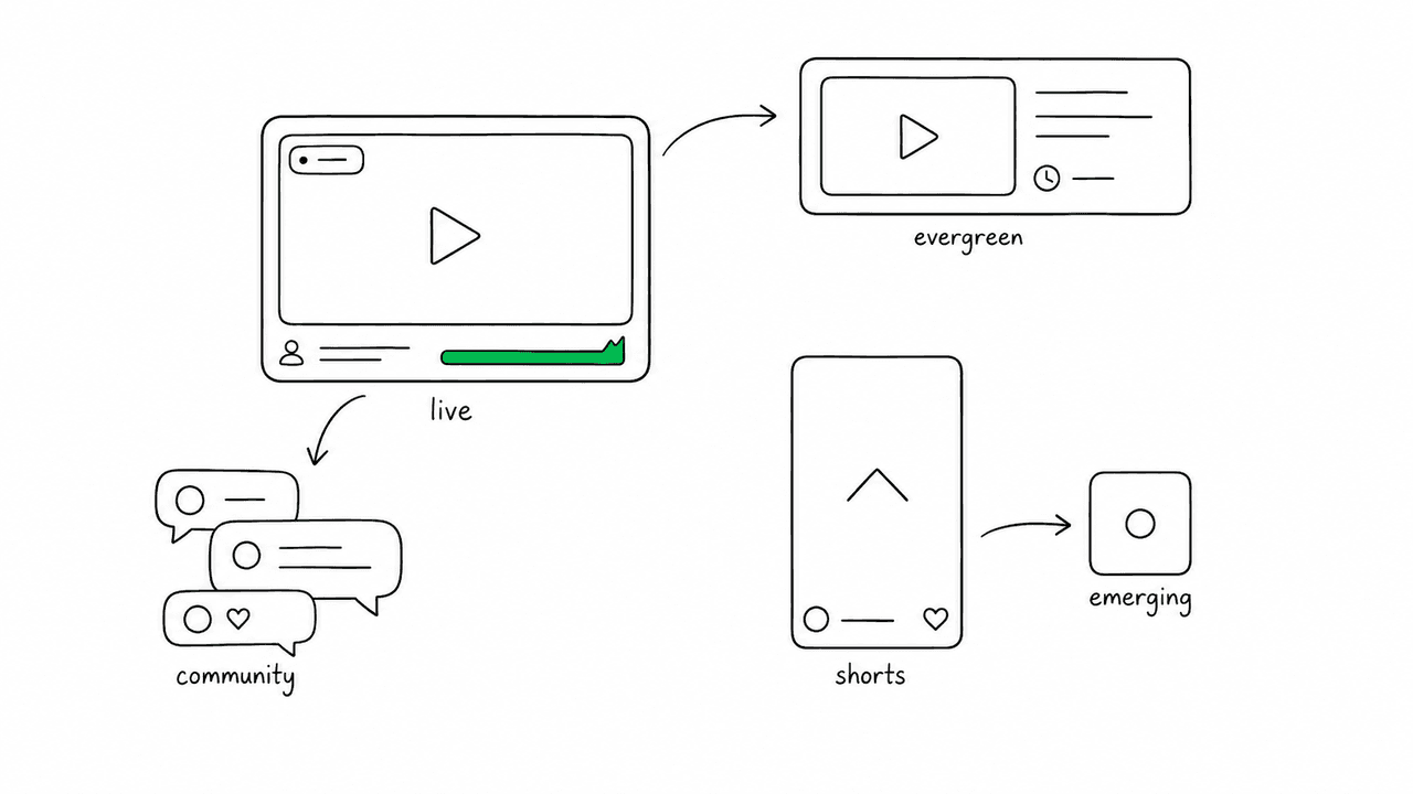 A flat editorial illustration showing five distinct gaming platform spaces as connected abstract panels — a live stream window, an evergreen video card, a vertical short clip, a community chat bubble cluster, and a smaller emerging stream tile — linked by clean lines on an off-white background.