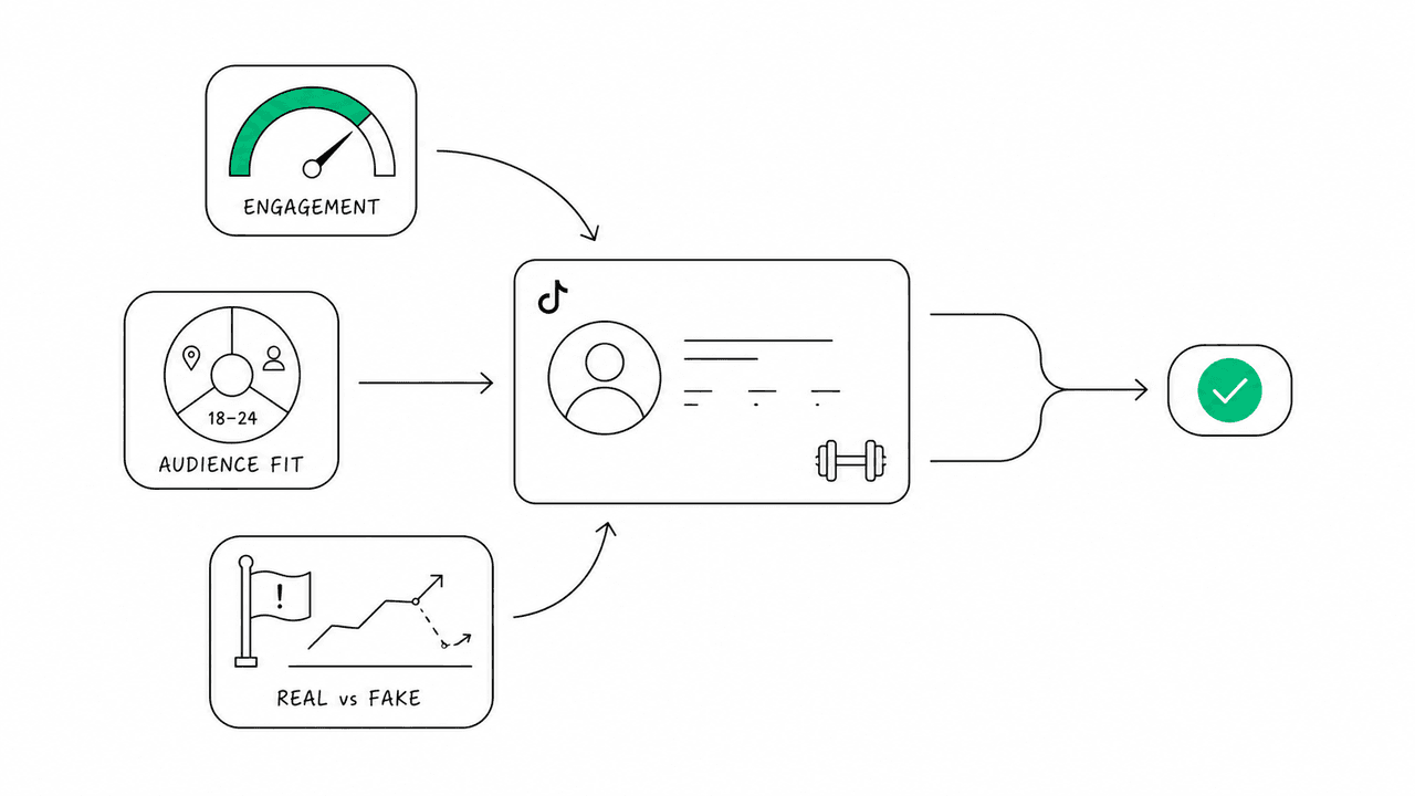 A flat editorial illustration of a creator profile card surrounded by abstract audience-quality signals: an engagement-rate gauge, an audience-location pie, and a fake-follower flag.