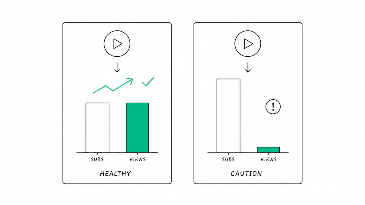 Flat illustration comparing two YouTube channels: a healthy channel with a large green view bar relative to subscribers, beside an unhealthy channel with a tall subscriber bar but a tiny view bar flagged with a warning marker.