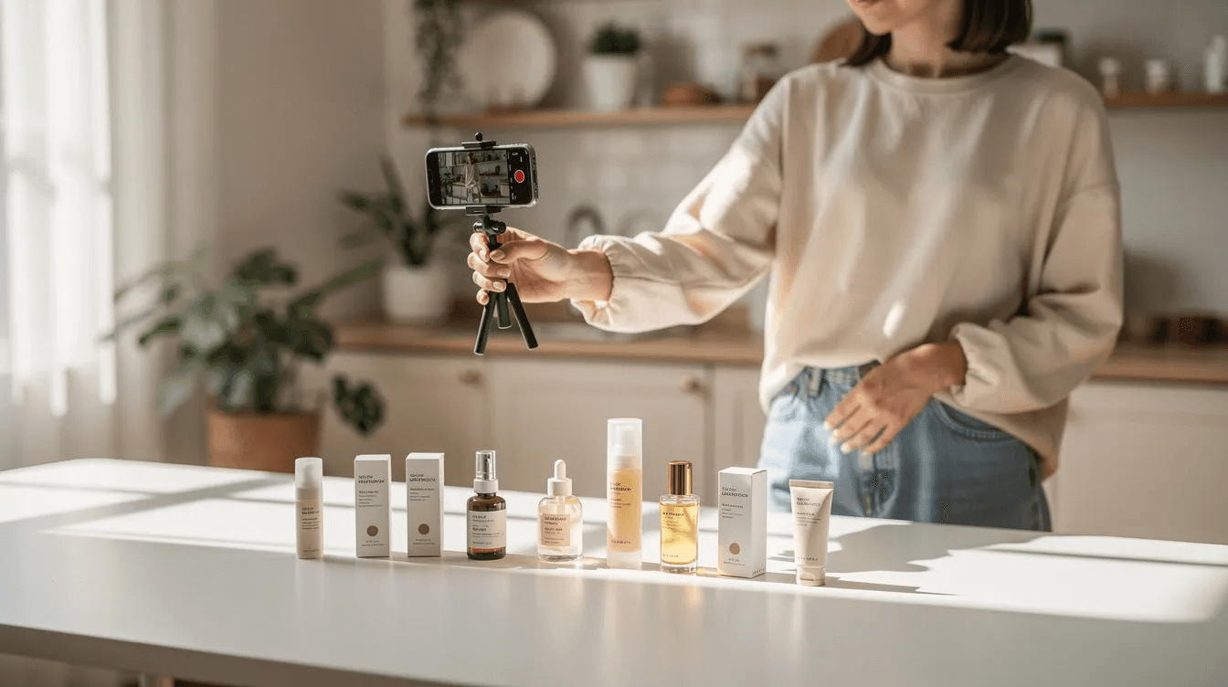 A content creator filming a short video showcasing product samples in soft natural lighting.