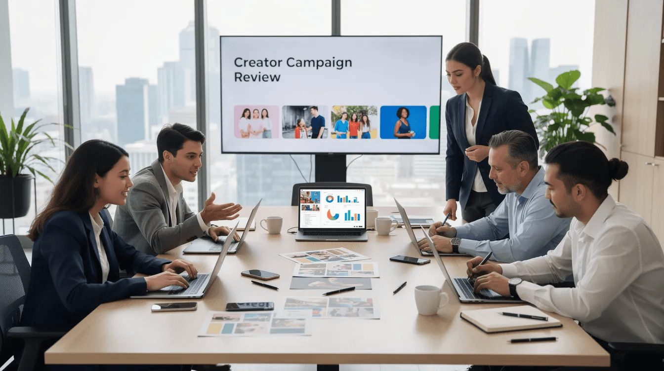 A marketing team reviewing influencer campaign assets on laptops in a modern office, discussing brand messaging and creative direction.