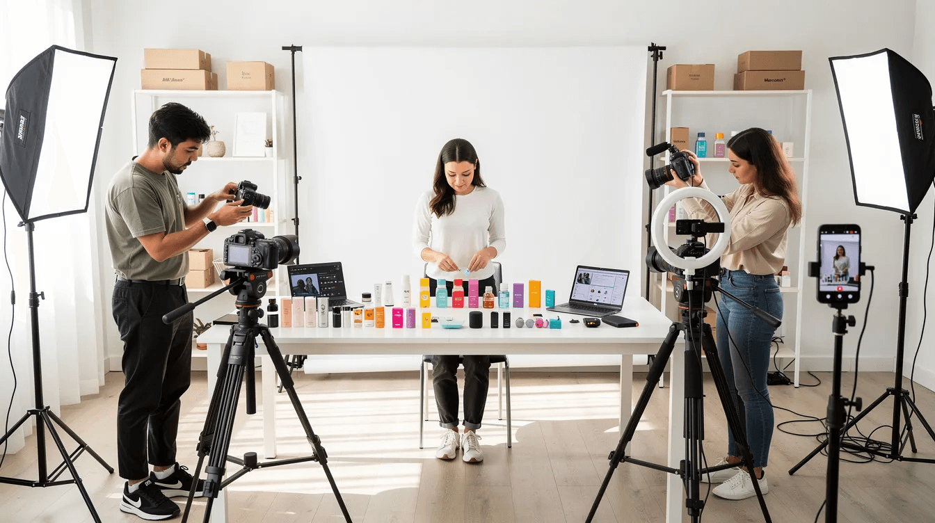 Content creators in a bright studio preparing for an influencer campaign, surrounded by cameras and product samples.