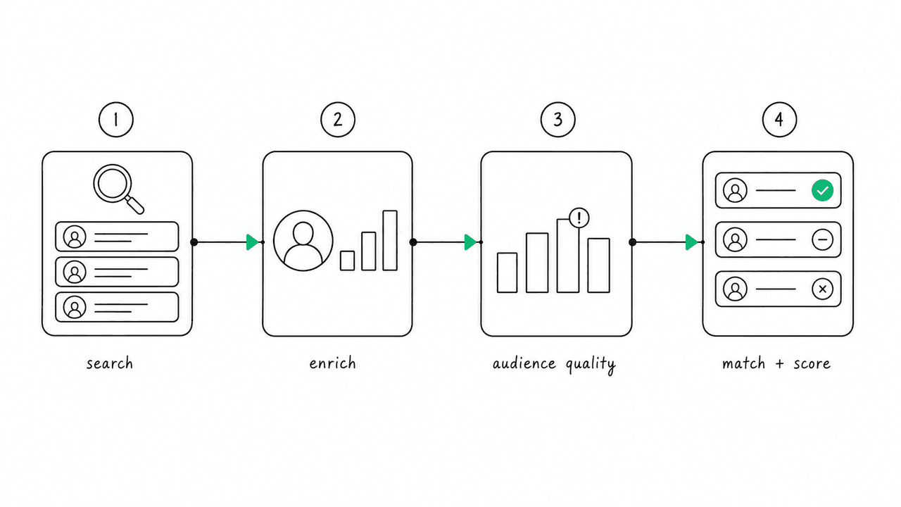 Flat diagram of four connected stages in a row: discovery, profile enrichment, audience quality, and matching/scoring, each shown as an icon-labelled card with a small data fragment.