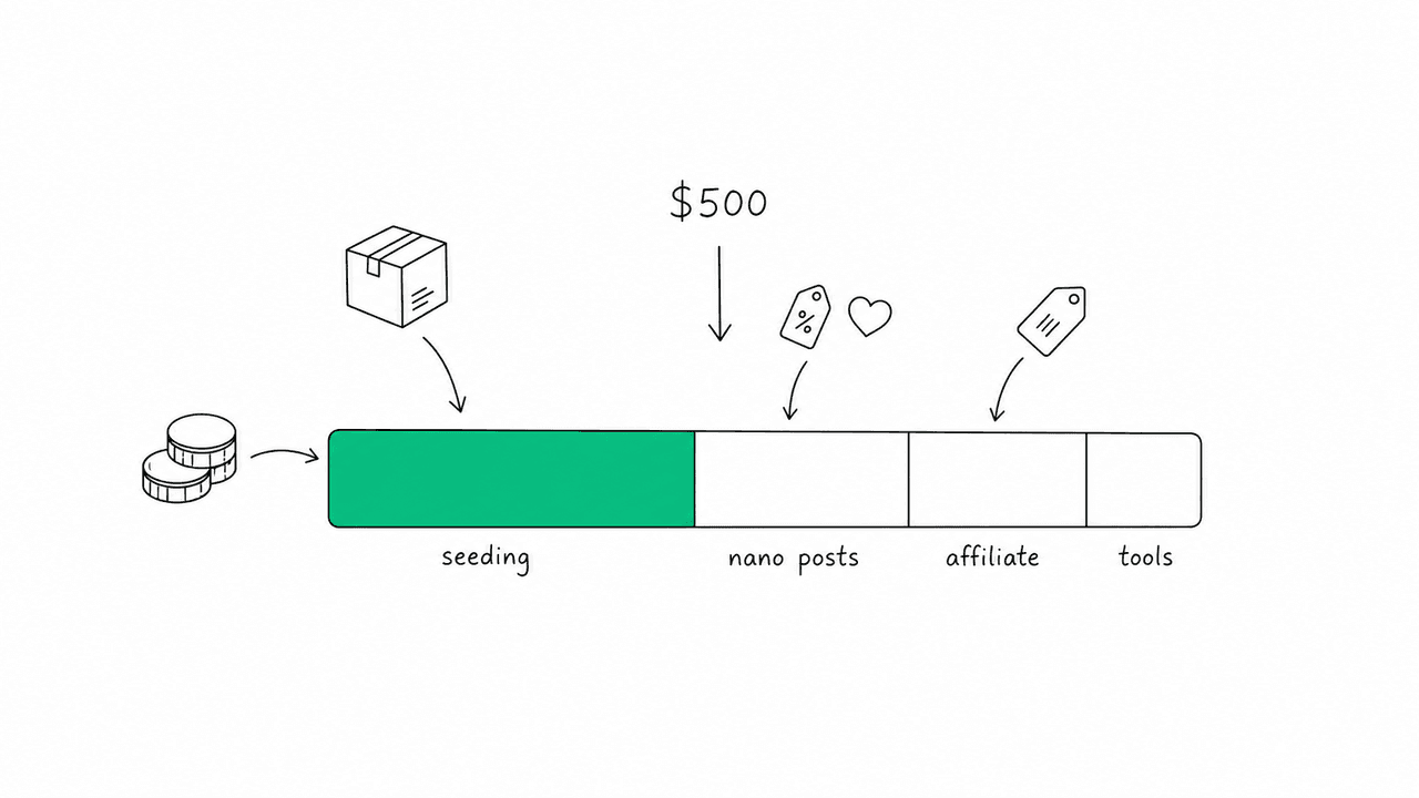 A flat editorial illustration of a single budget being divided into four labelled portions of decreasing size, shown as segments of a horizontal bar, representing product seeding, paid nano posts, an affiliate reserve, and tools and shipping.