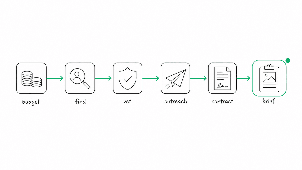 Horizontal six-step workflow illustration showing a campaign moving left to right through connected nodes: budget, find, vet, outreach, contract, and brief, with a green progress line linking small abstract icons.