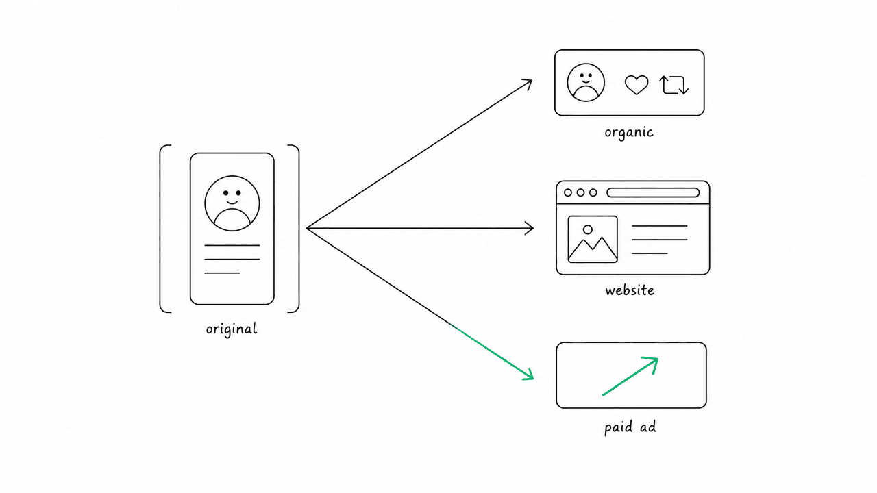 Flat editorial illustration of a single piece of creator content fanning out into separate licensed uses: an organic post, a brand website, and a paid ad slot, with the original held by the creator.