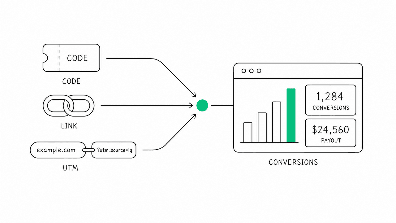 Clean UI-style illustration of three attribution methods feeding one dashboard: a discount-code chip, a trackable link node, and a UTM-tagged URL converging into a single conversions panel, in brand green on off-white.