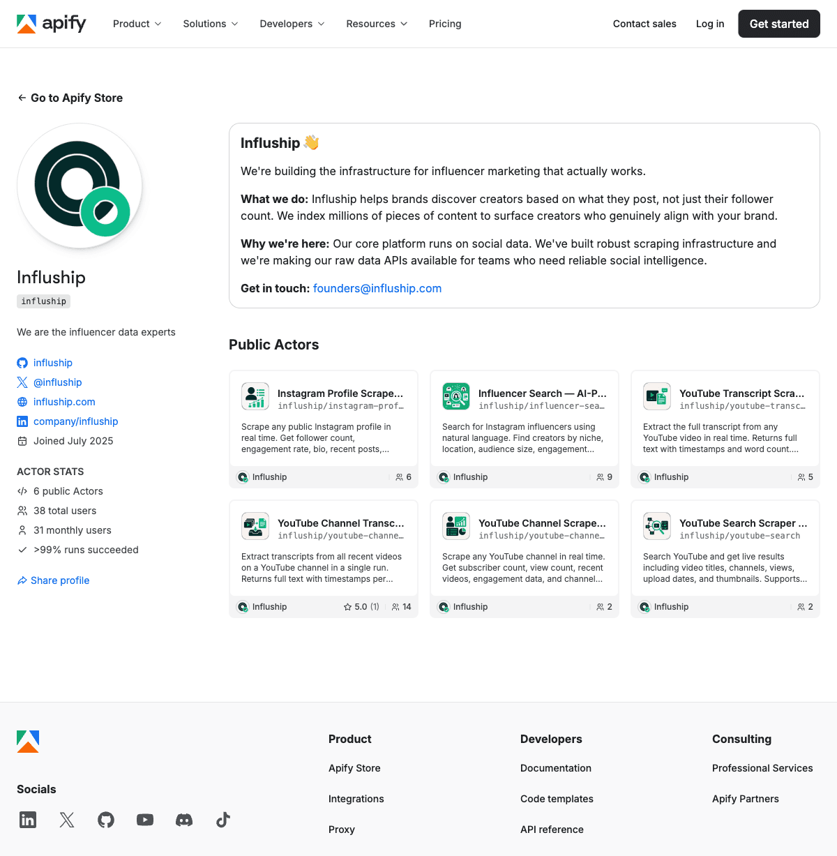 The Influship developer profile on Apify, showing six public actors, a >99% run-success rate, and the official Influship badge.
