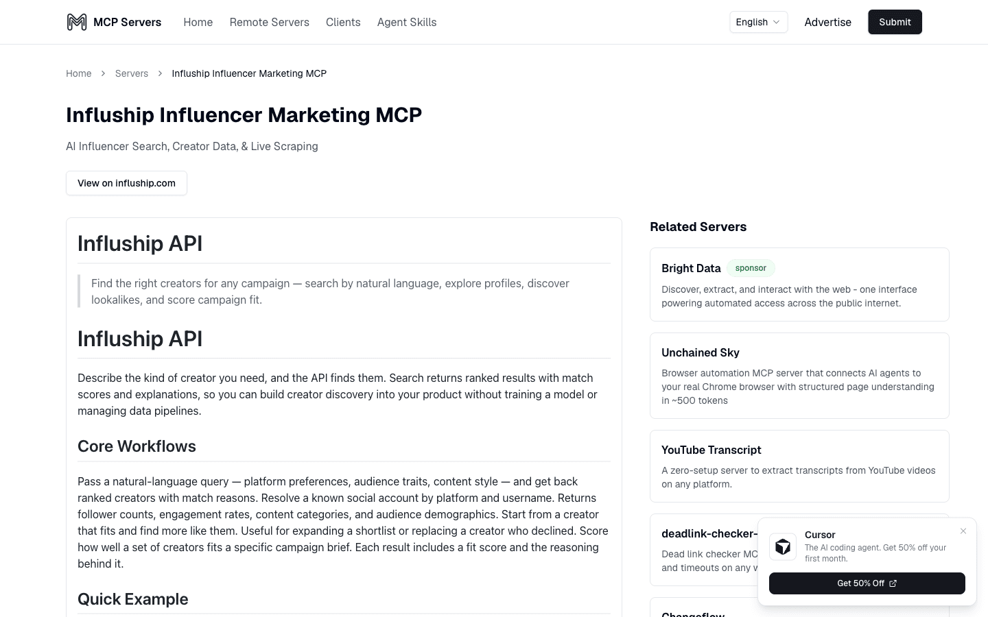 Influship listed as an Influencer Marketing MCP server on mcpservers.org, the public registry of Awesome MCP Servers.