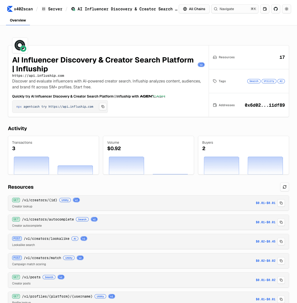 Influship's x402 server on x402scan, showing paid resources and per-endpoint USDC pricing for creator lookups, match scoring, and profile lookups.