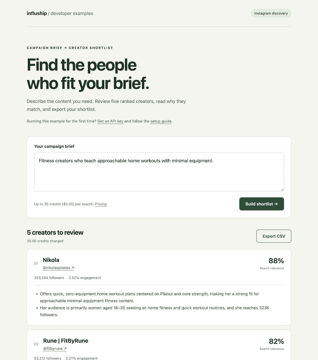 The Influship Next.js starter showing real home-workout creator results and 35 credits charged.