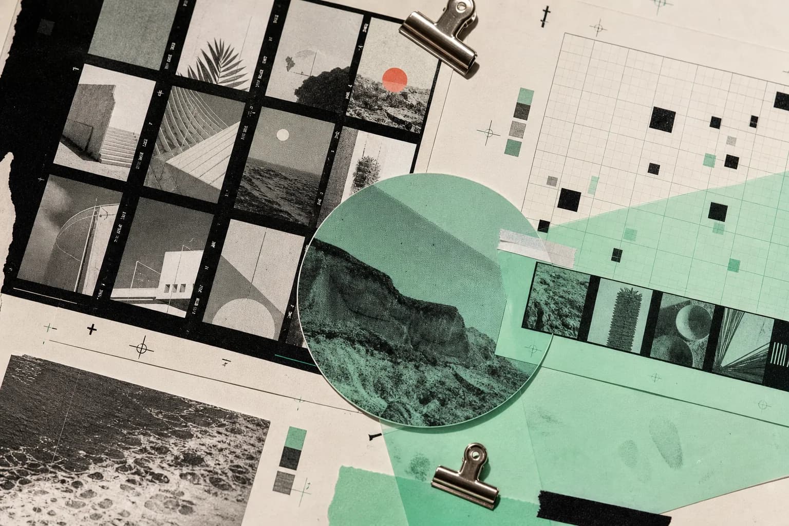 An editorial collage of contact sheets, registration marks, translucent green acetate, and physical data grids