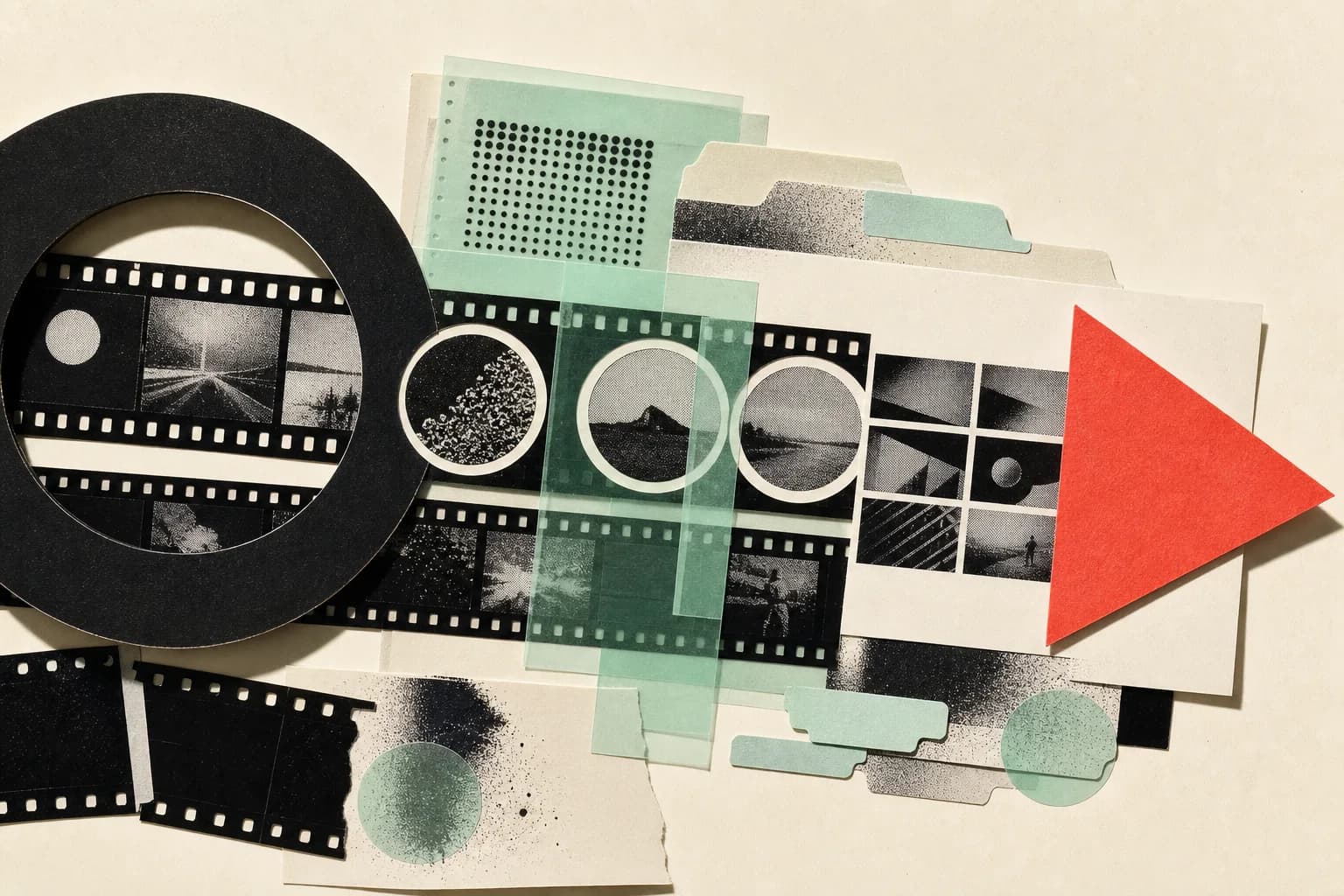 An editorial collage of film strips, viewing masks, indexing tabs, and translucent green acetate