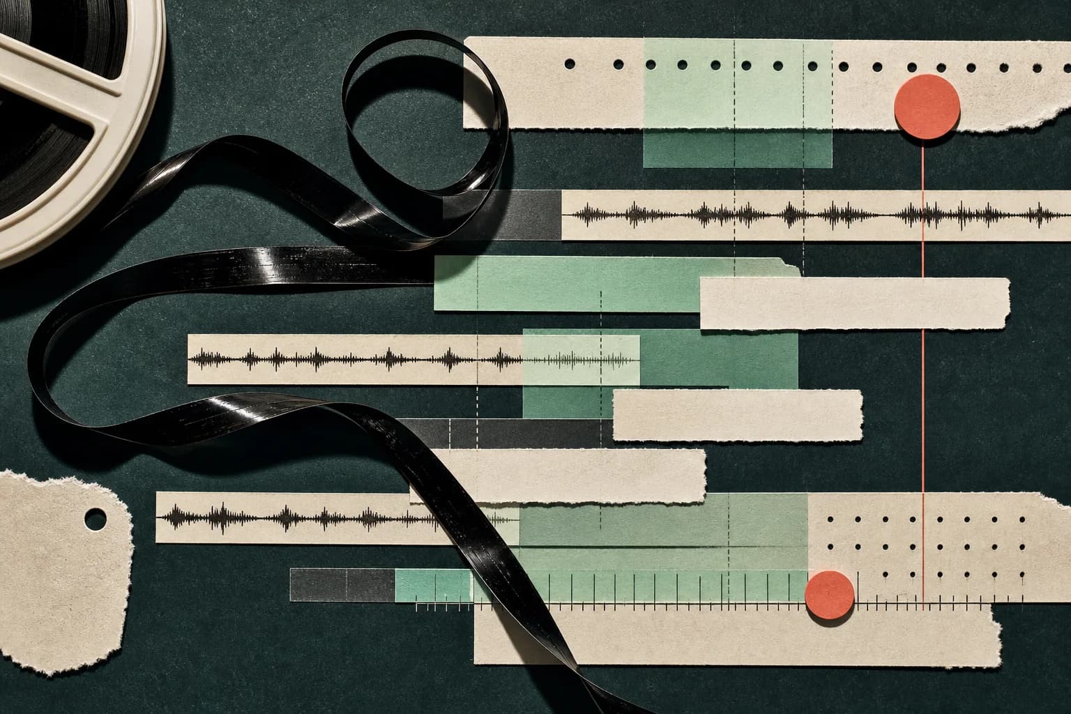 An editorial collage of magnetic tape, waveform strips, timing marks, and translucent green paper